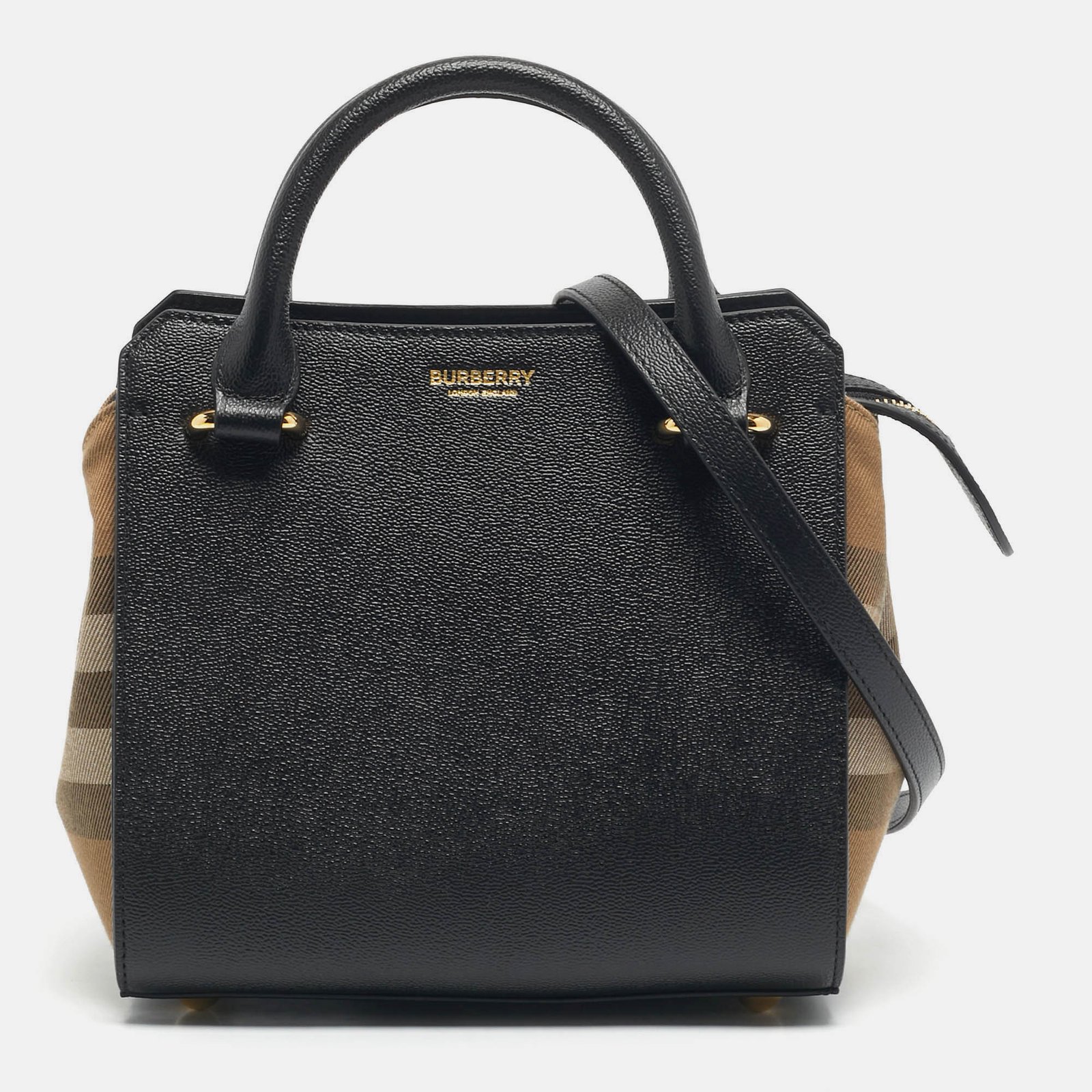 burberry black/beige house check canvas and leather mini banwell tote
