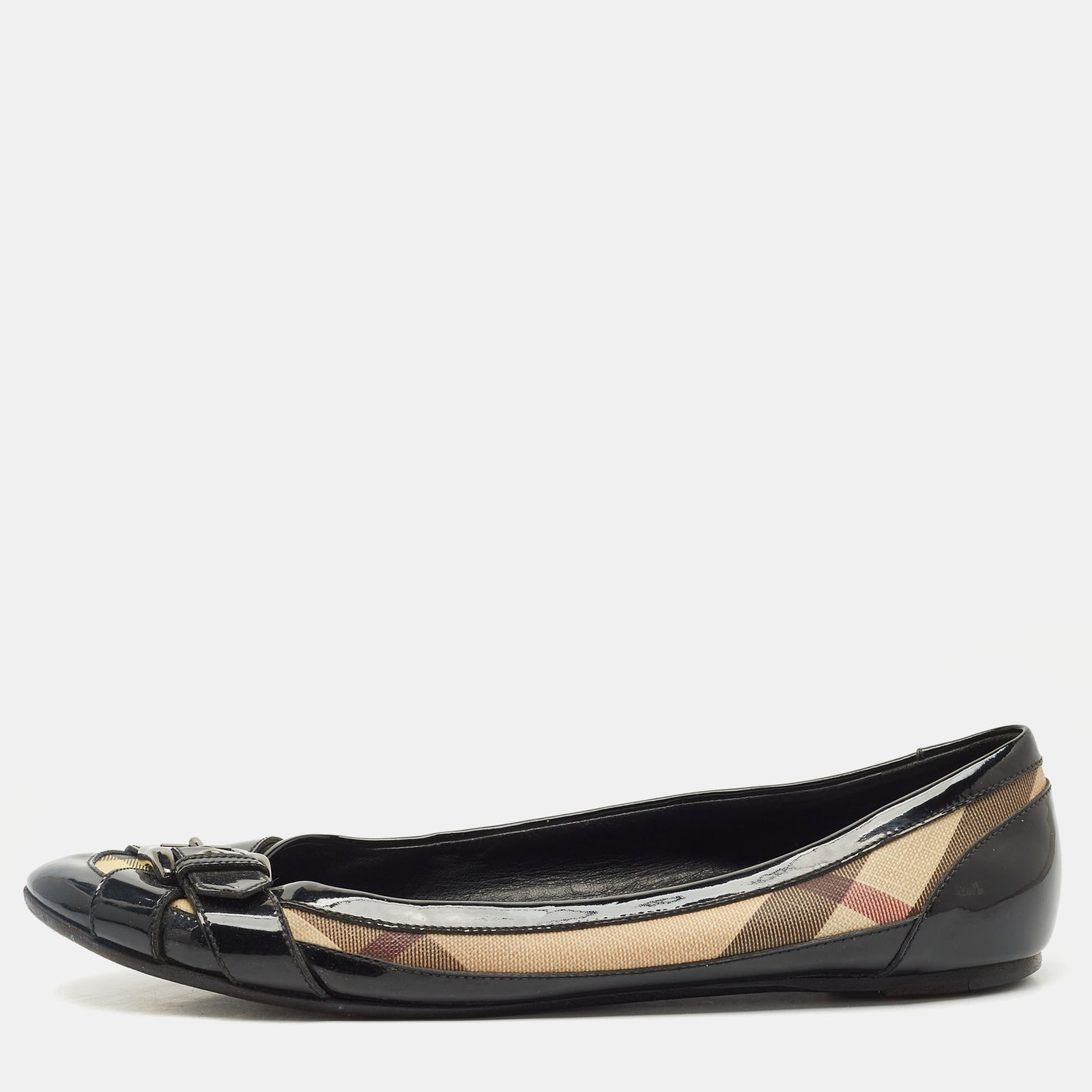 burberry black/beige nova check pvc and patent leather buckle ballet flats size 41