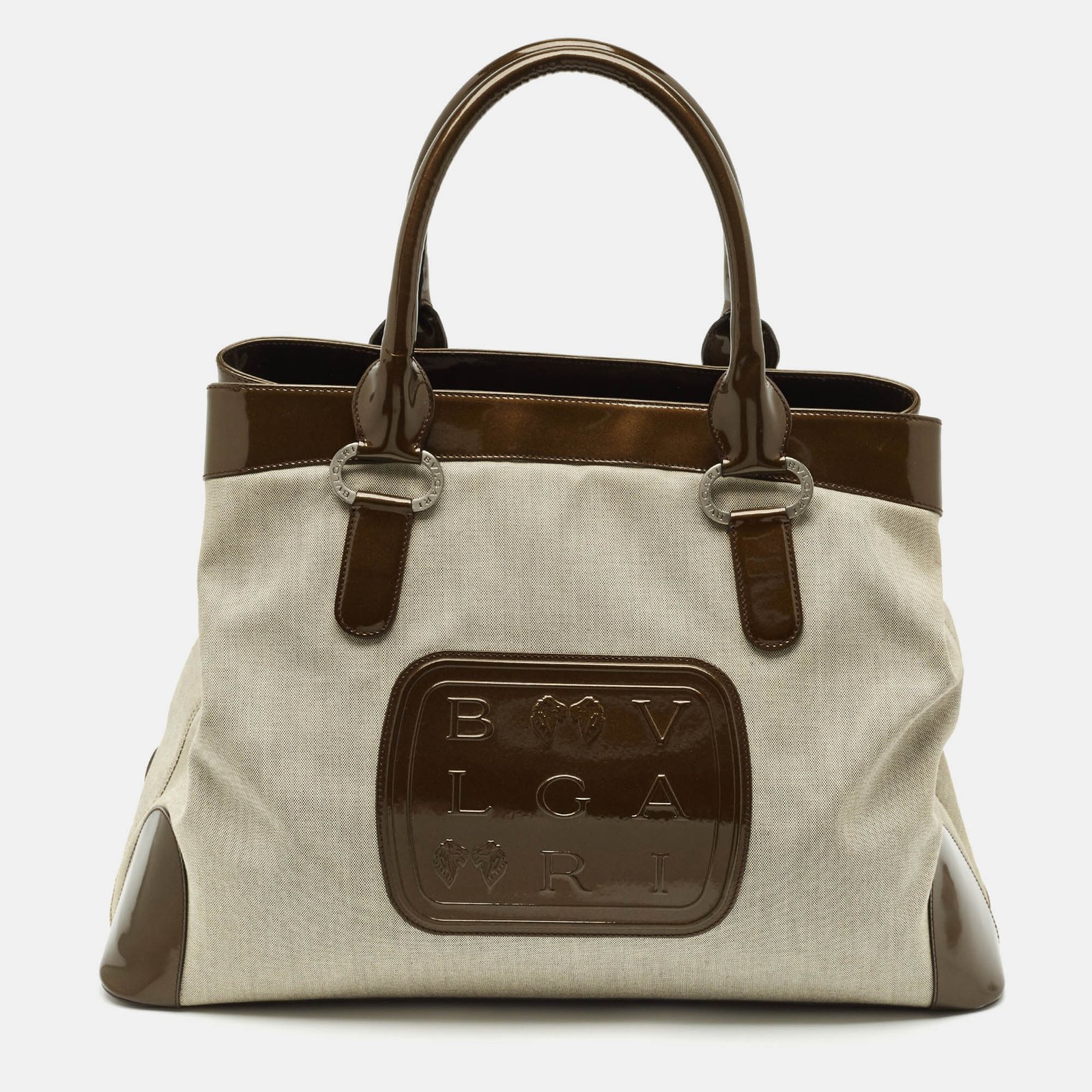bvlgari dark brown/grey patent leather and canvas middle zip tote