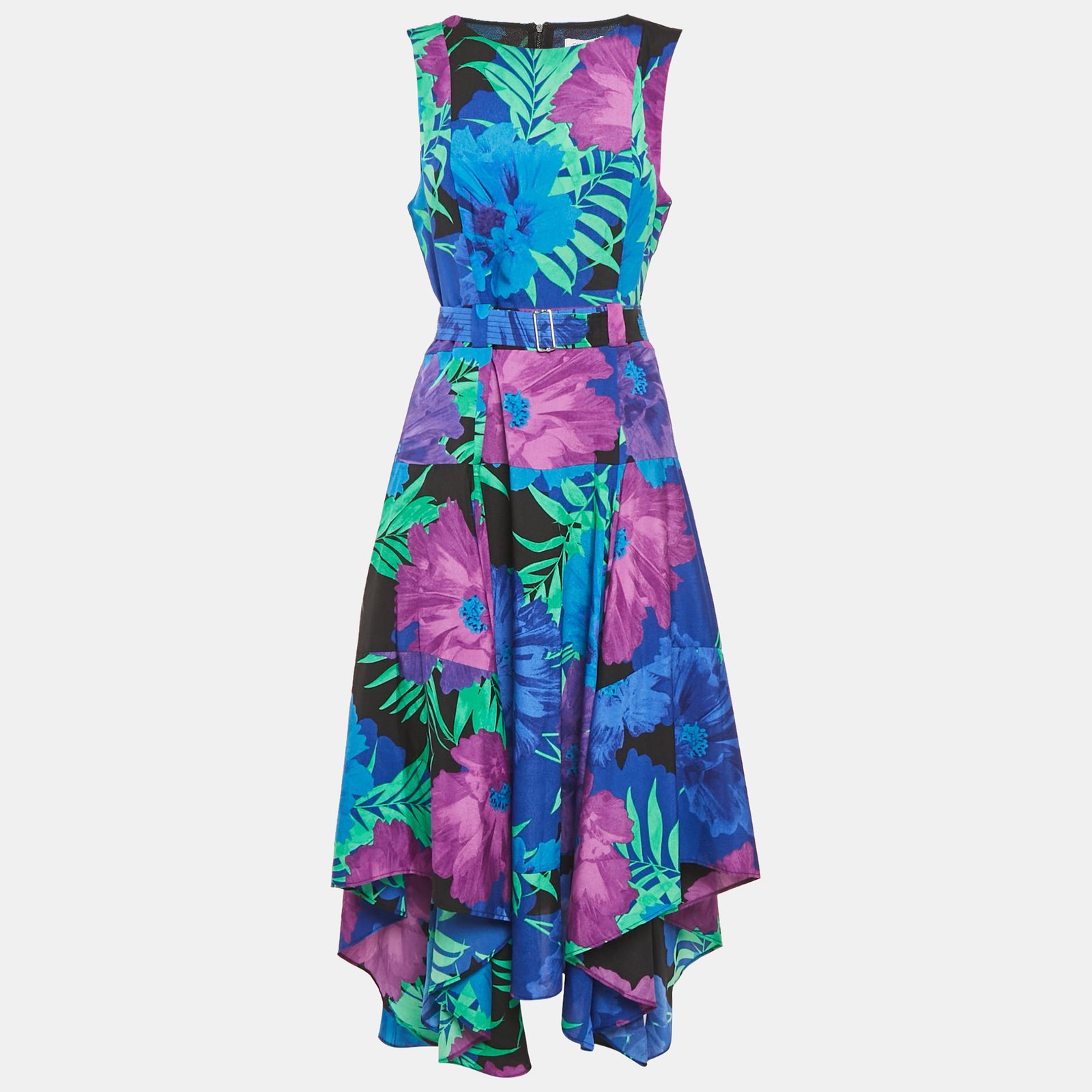 calvin klein blue floral print crepe asymmetrical midi dress m