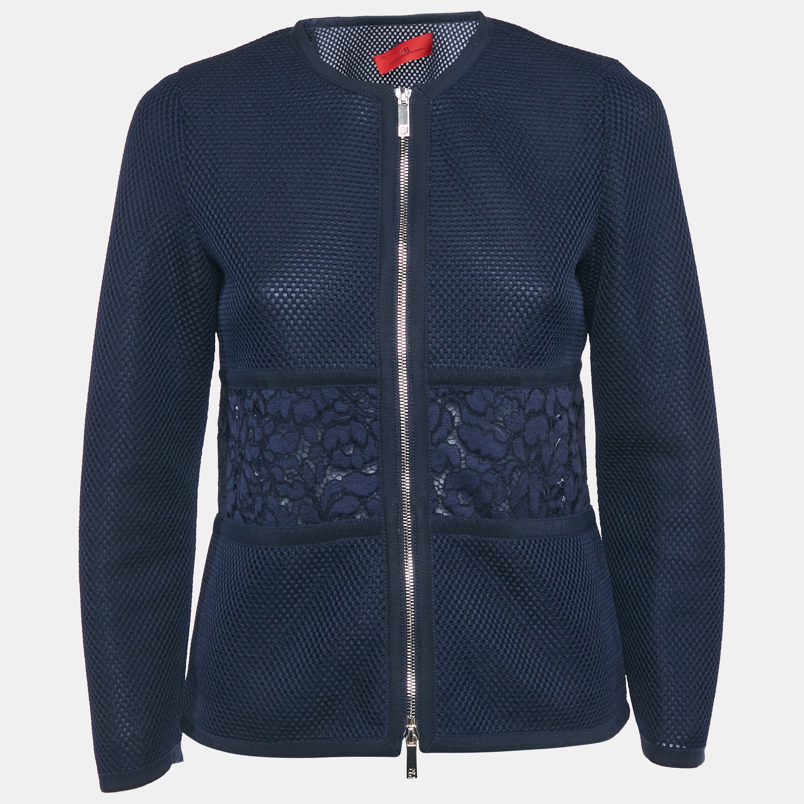 luxury-women-carolina-herrera-used-clothes-p1210457-002.jpg carolina herrera navy blue mesh lace paneled zip-up jacket xs