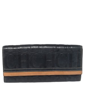 carolina herrera blue/tan embossed leather flap wallet