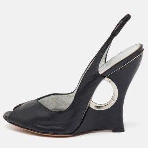 casadei black leather slingback wedge pumps size 38.5