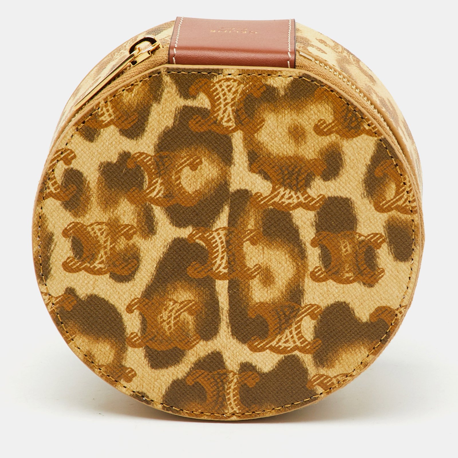 celine beige/brown animal print saffiano leather round zip around pouch