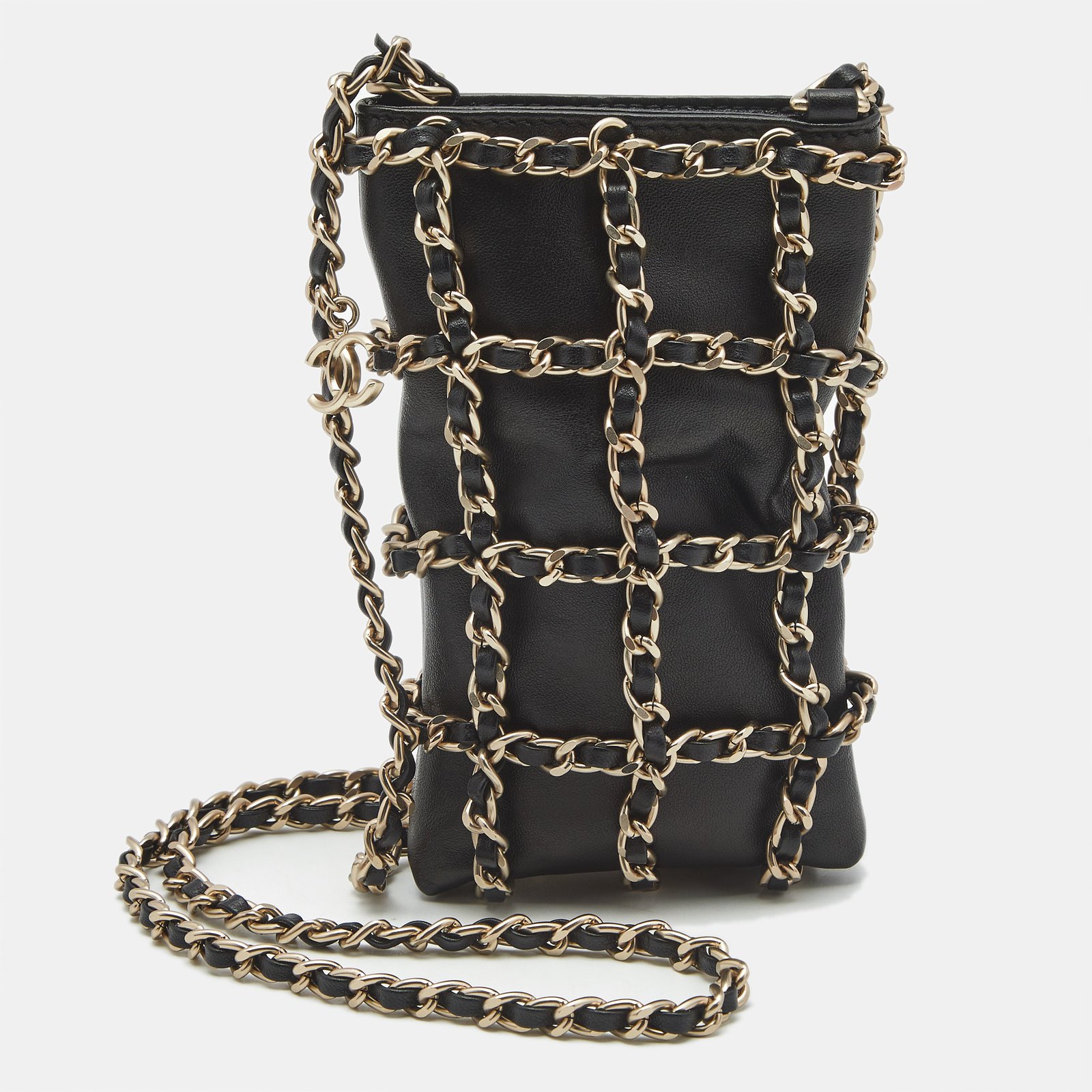 chanel black leather tech me out clutch with chain