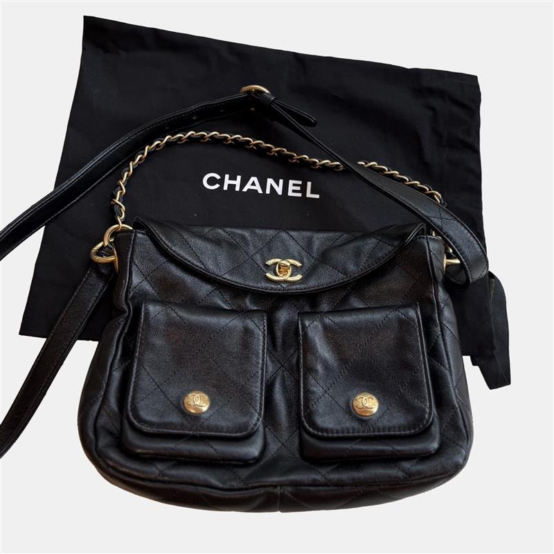 chanel 24p black leather quilted messnger bag