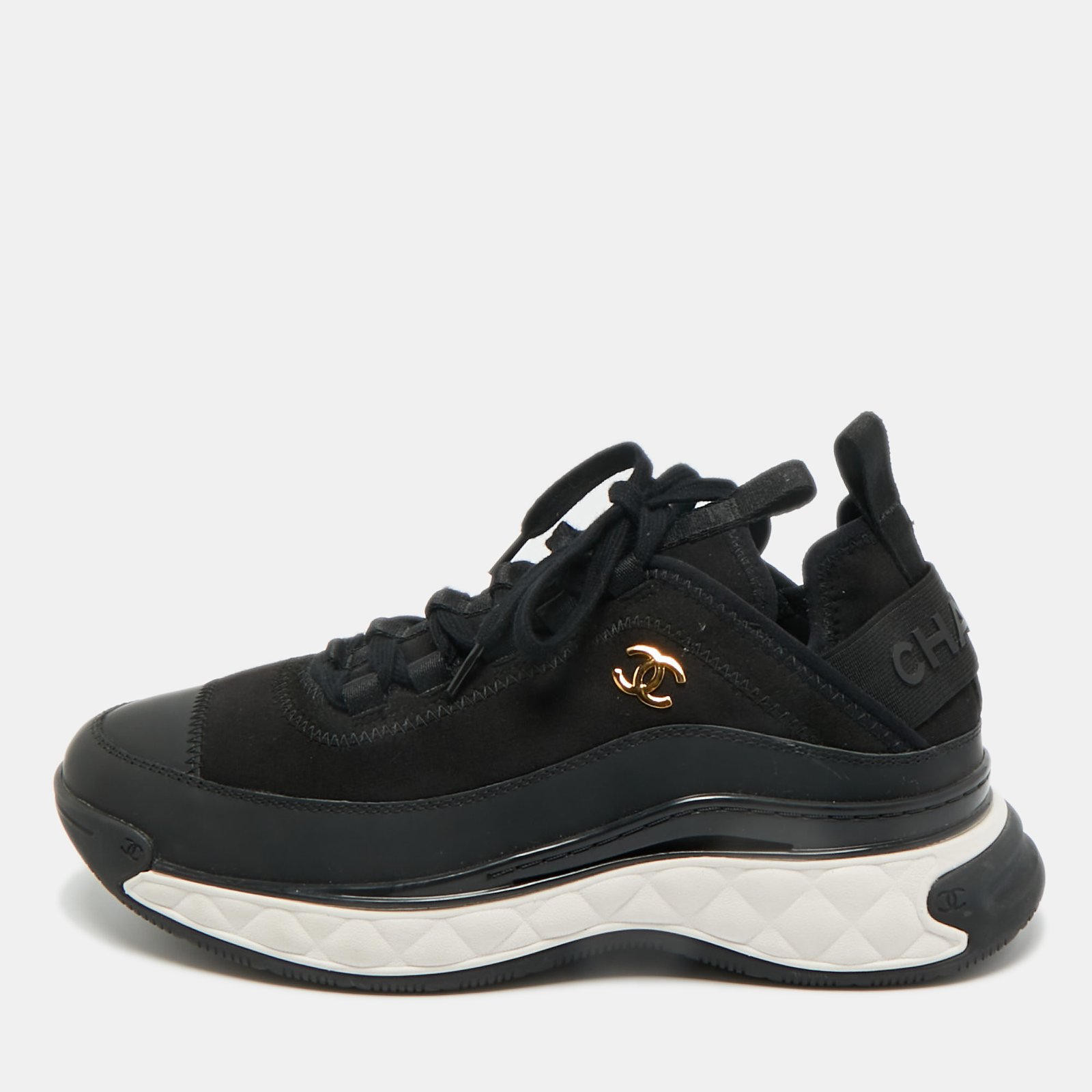 chanel black fabric and leather cc low top sneakers size 38