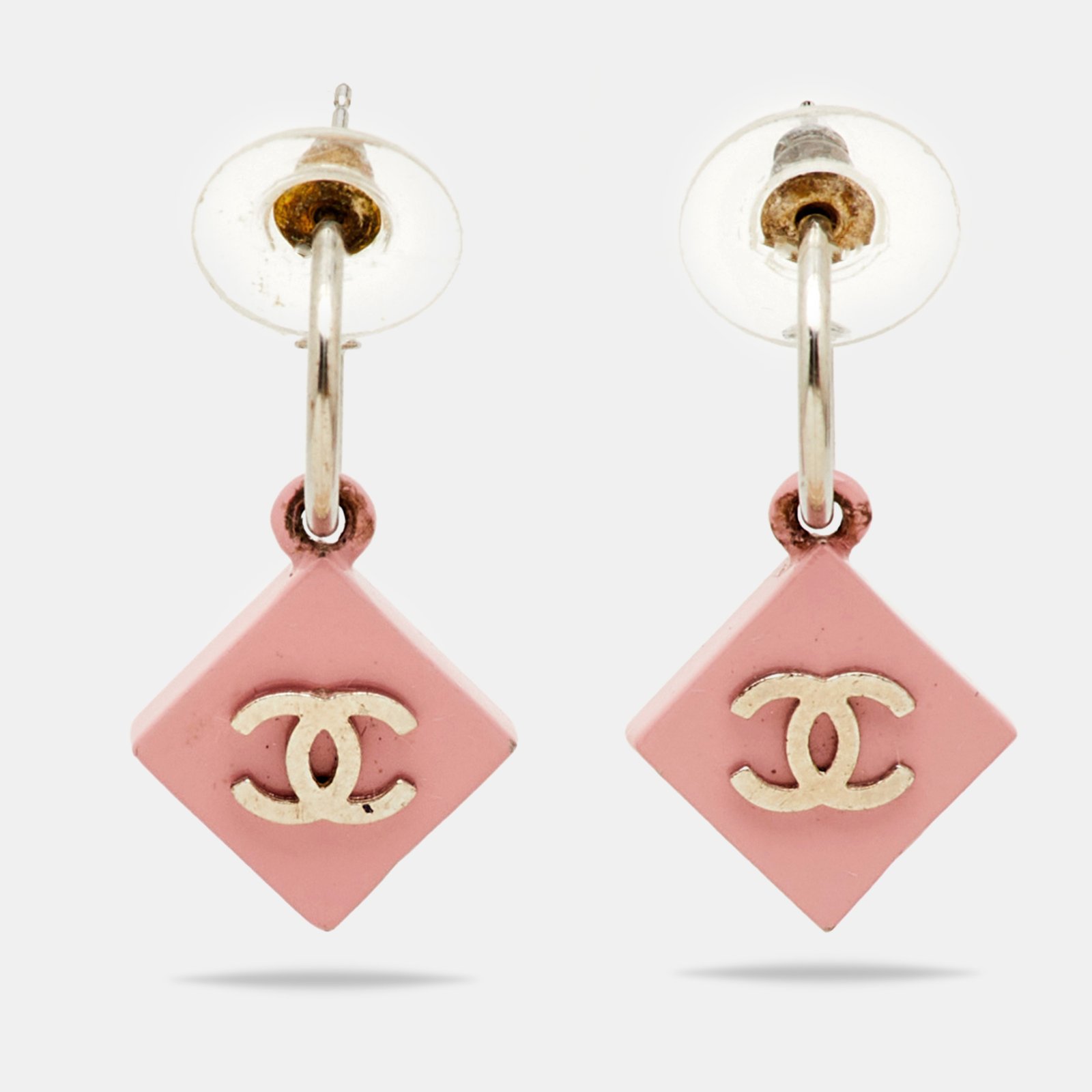 chanel  cc pink enamel silver tone earrings