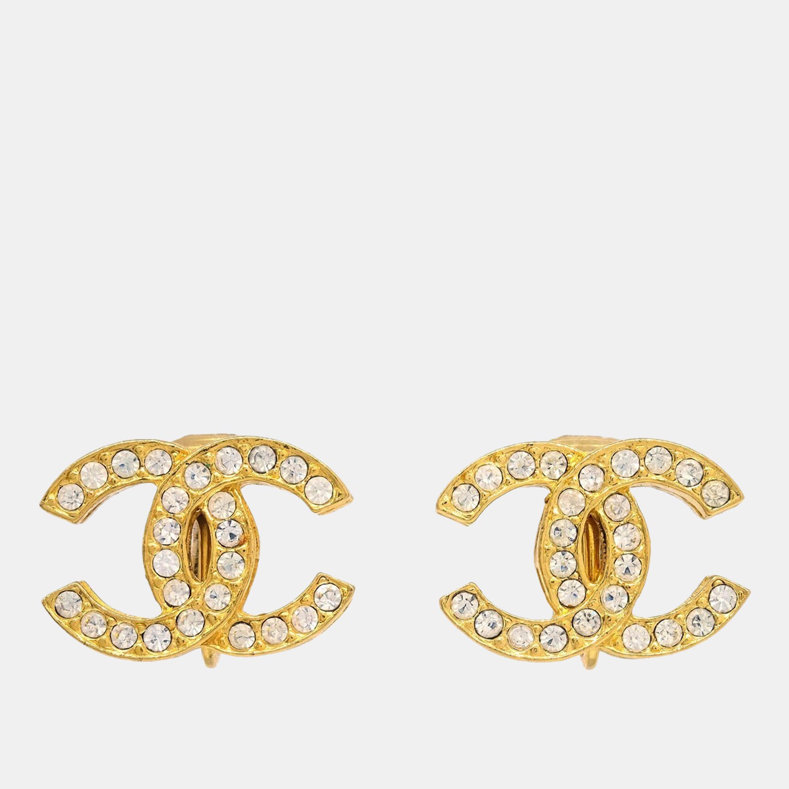 chanel gold cc earrings clip-on rhinestone