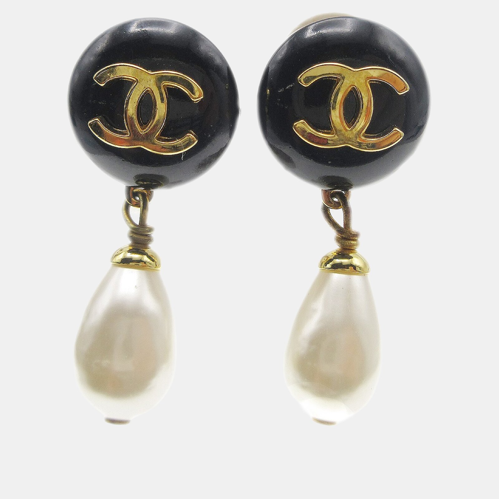 chanel artificial pearl dangle earrings clip-on gold black
