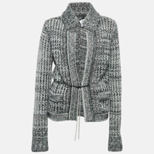 chanel black/white embellished wool blend cardigan m