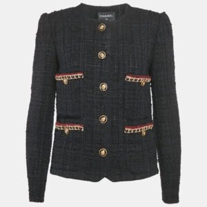 chanel black tweed collarless jacket s