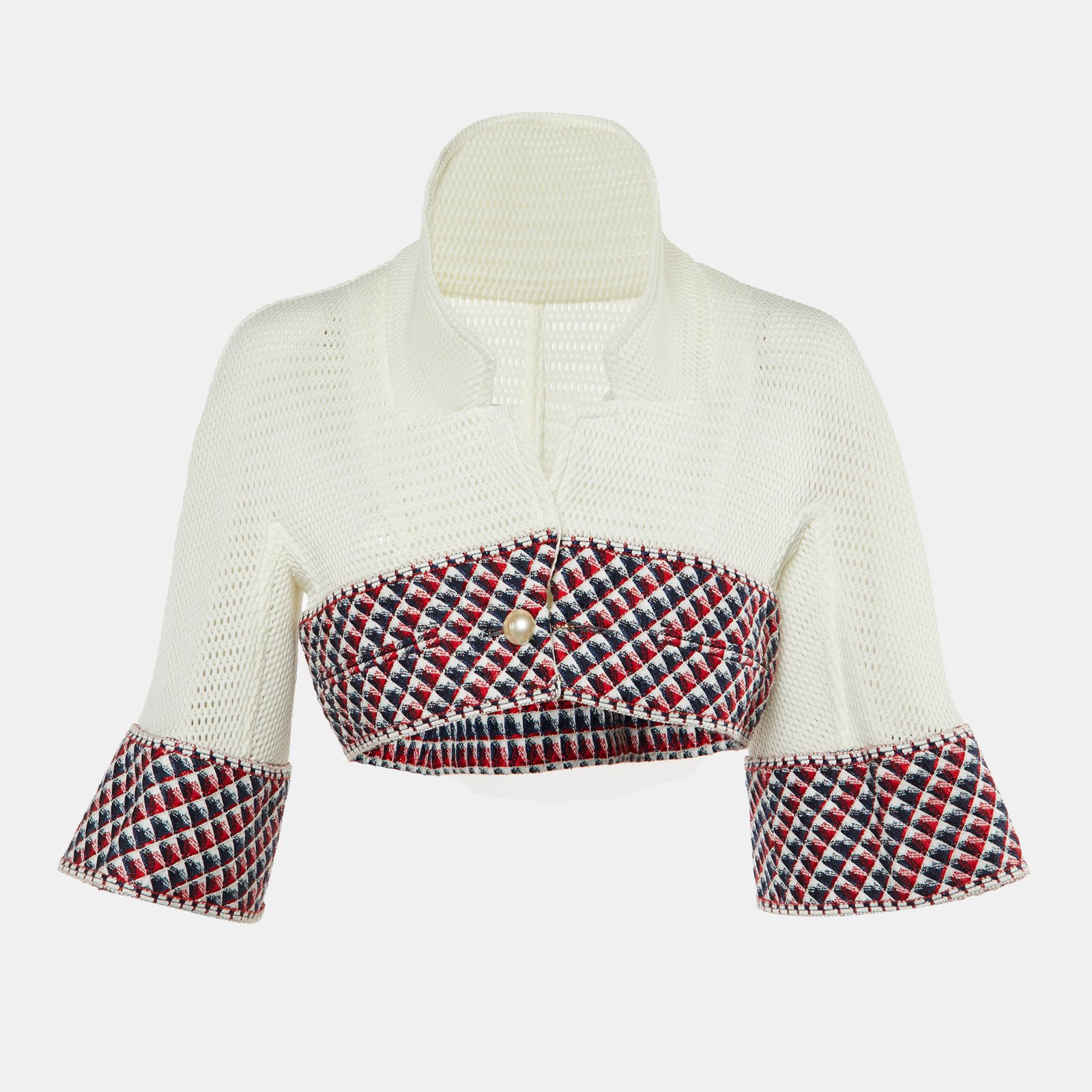 chanel white mesh & tweed cropped jacket m