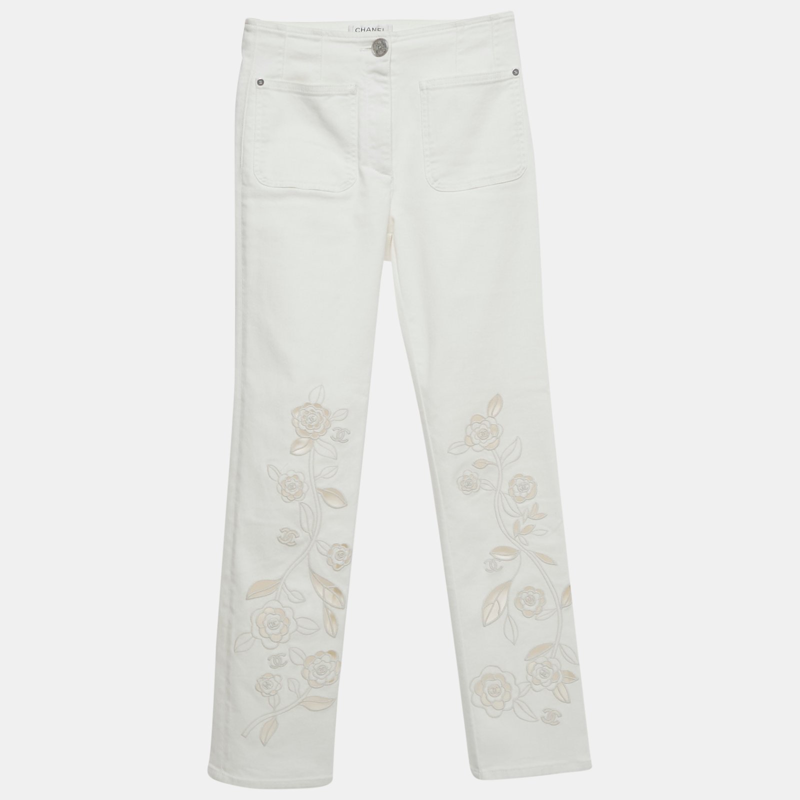chanel white floral embroidery cotton drill pants s