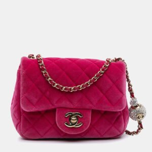 chanel pink mini square classic velvet pearl crush single flap shoulder bag