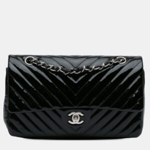chanel black medium classic chevron patent double flap bag