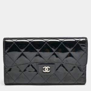 chanel black quilted patent leather cc flap continental wallet