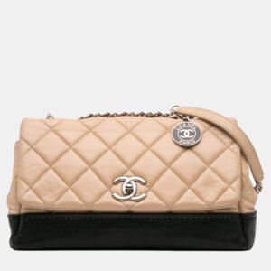 chanel beige/black cc bicolor quilted calfskin and caviar single flap bag