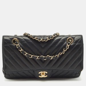 chanel black chevron leather medium classic double flap bag