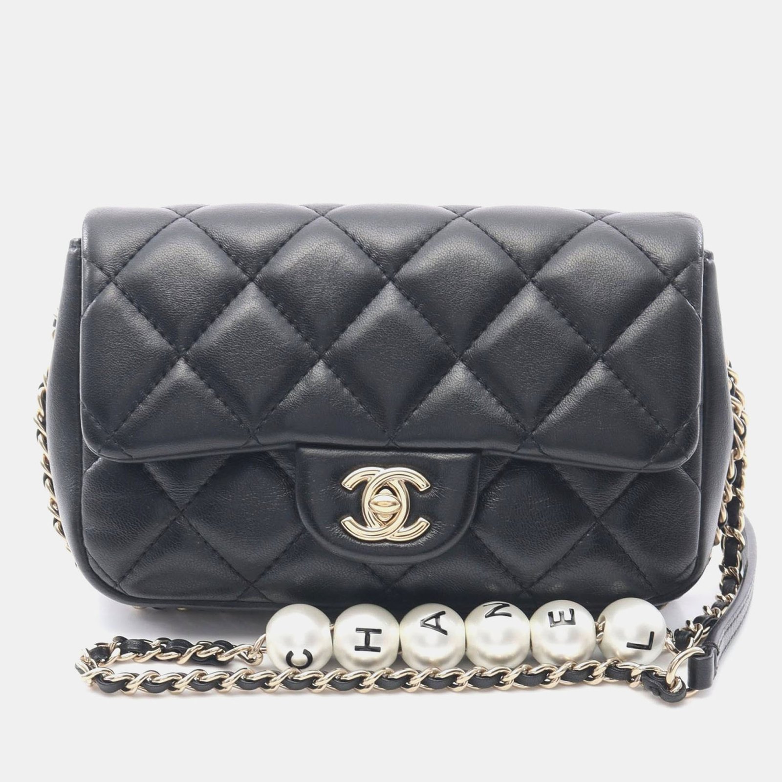 chanel matelasse pearl chain around black lambskin shoulder bag