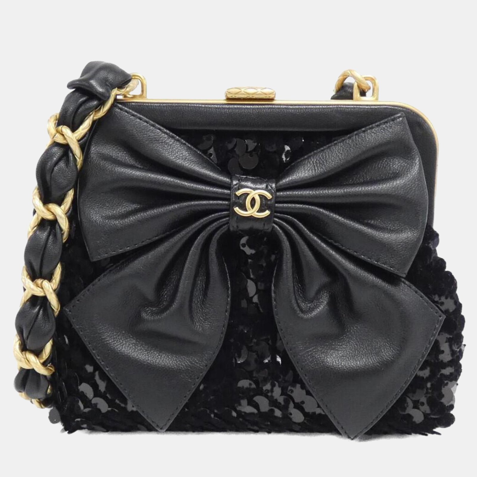 chanel black spangle chain clutch