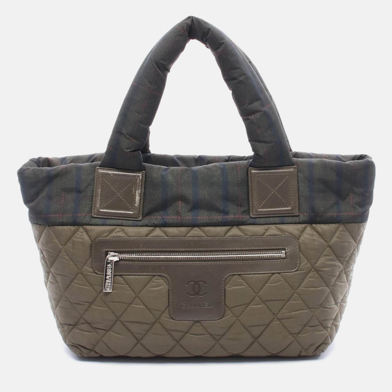 chanel cc coco small khaki green nylon leather tote