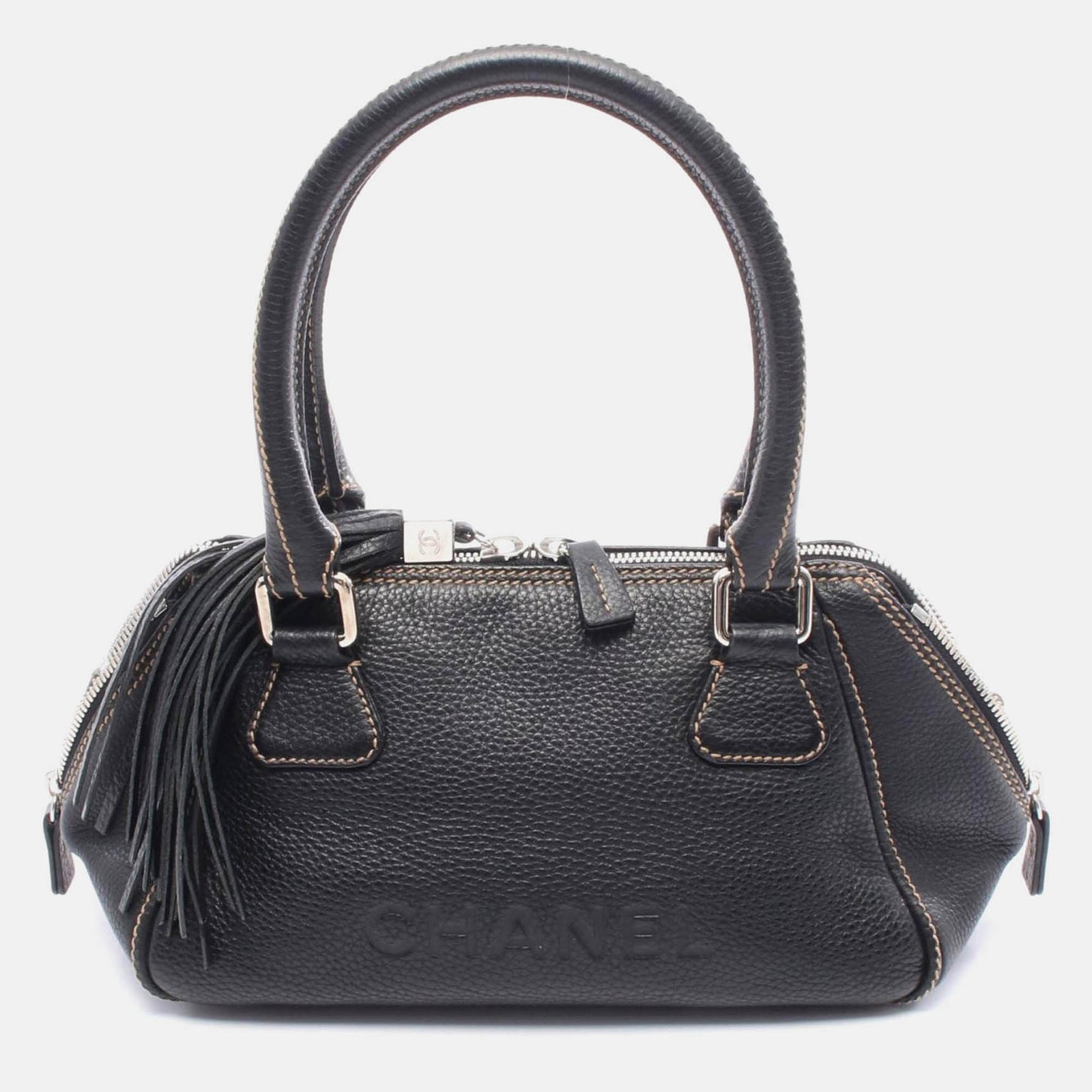 chanel cc coco logo fringe black leather handbag