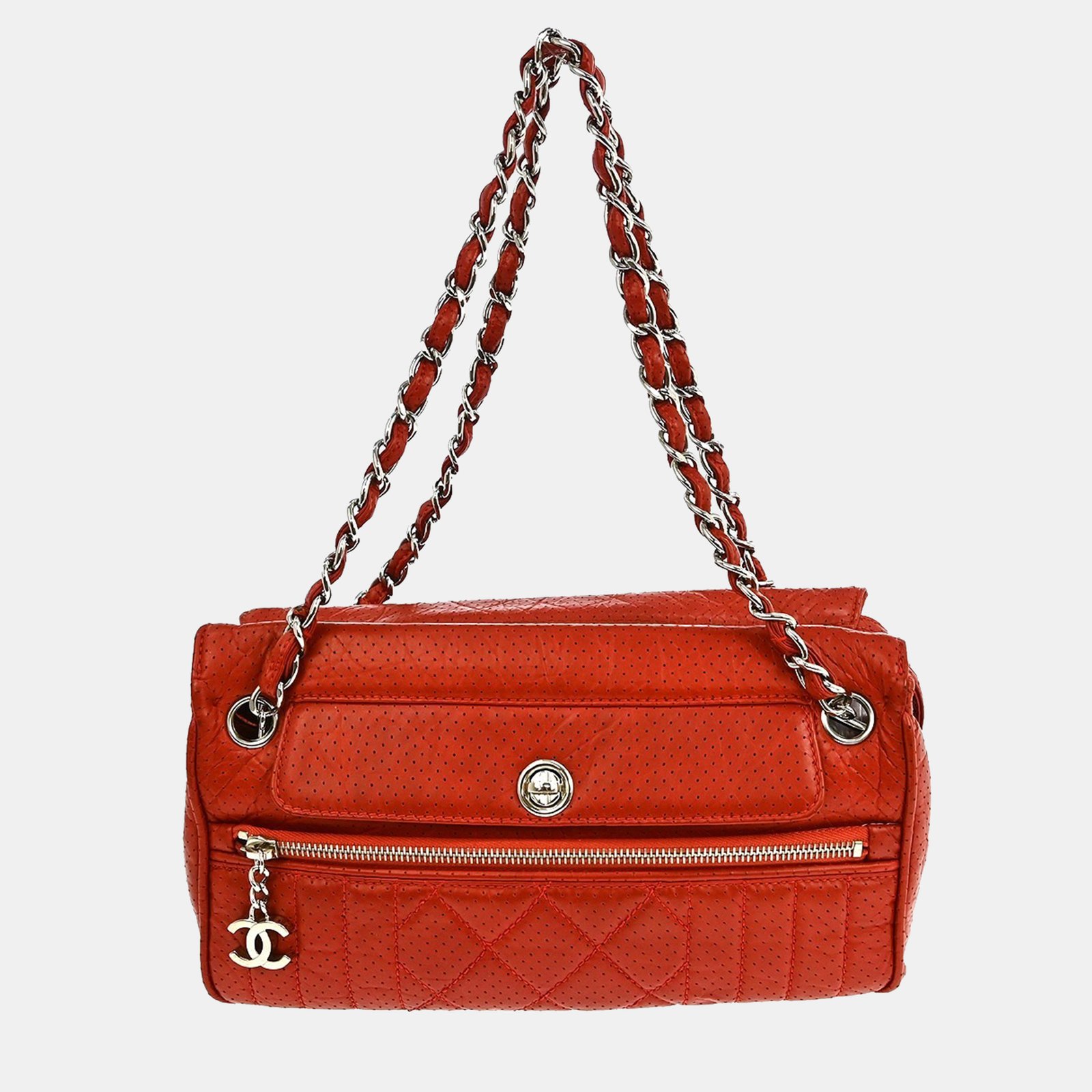 chanel red lambskin chain tote handbag