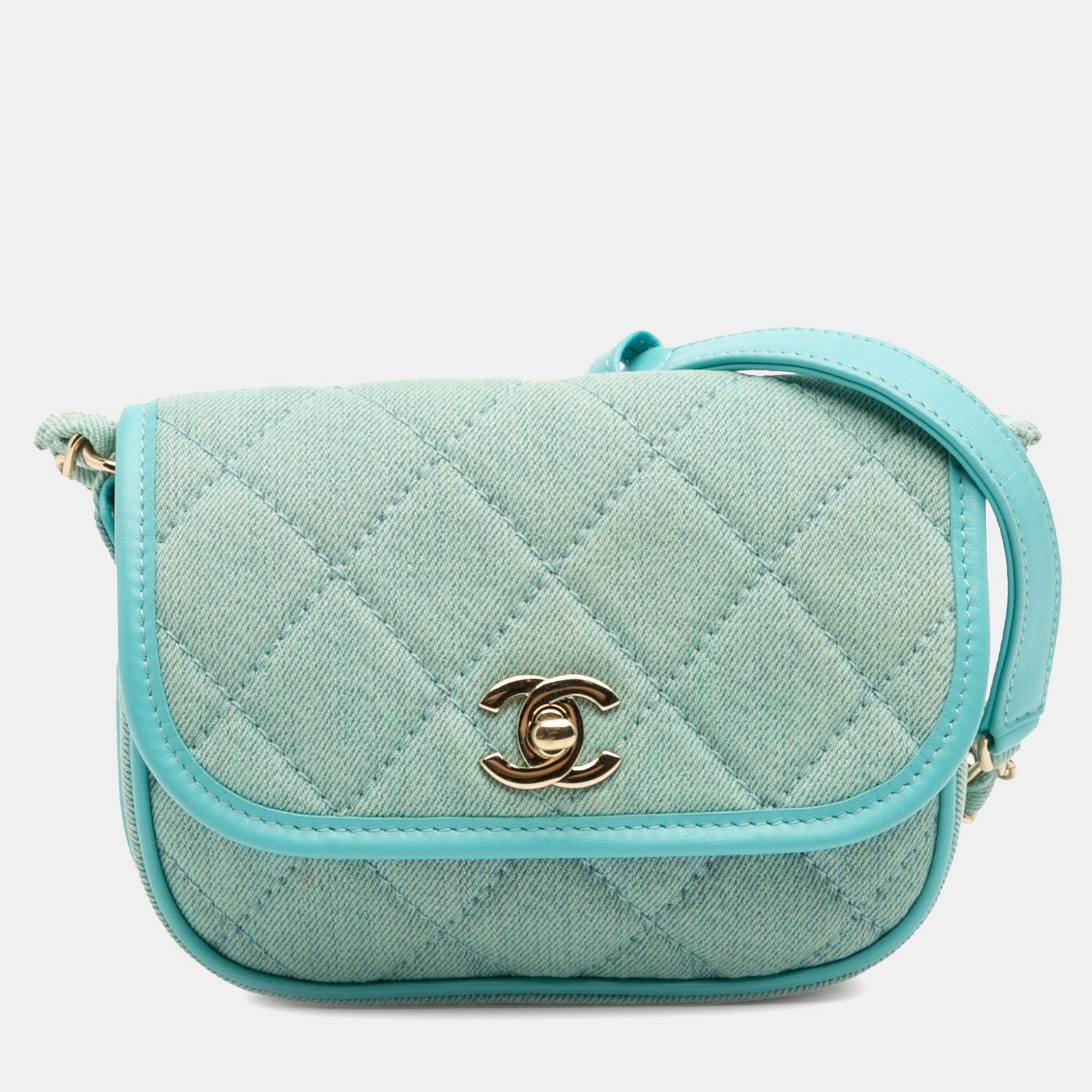 chanel blue mini cc quilted denim messenger flap