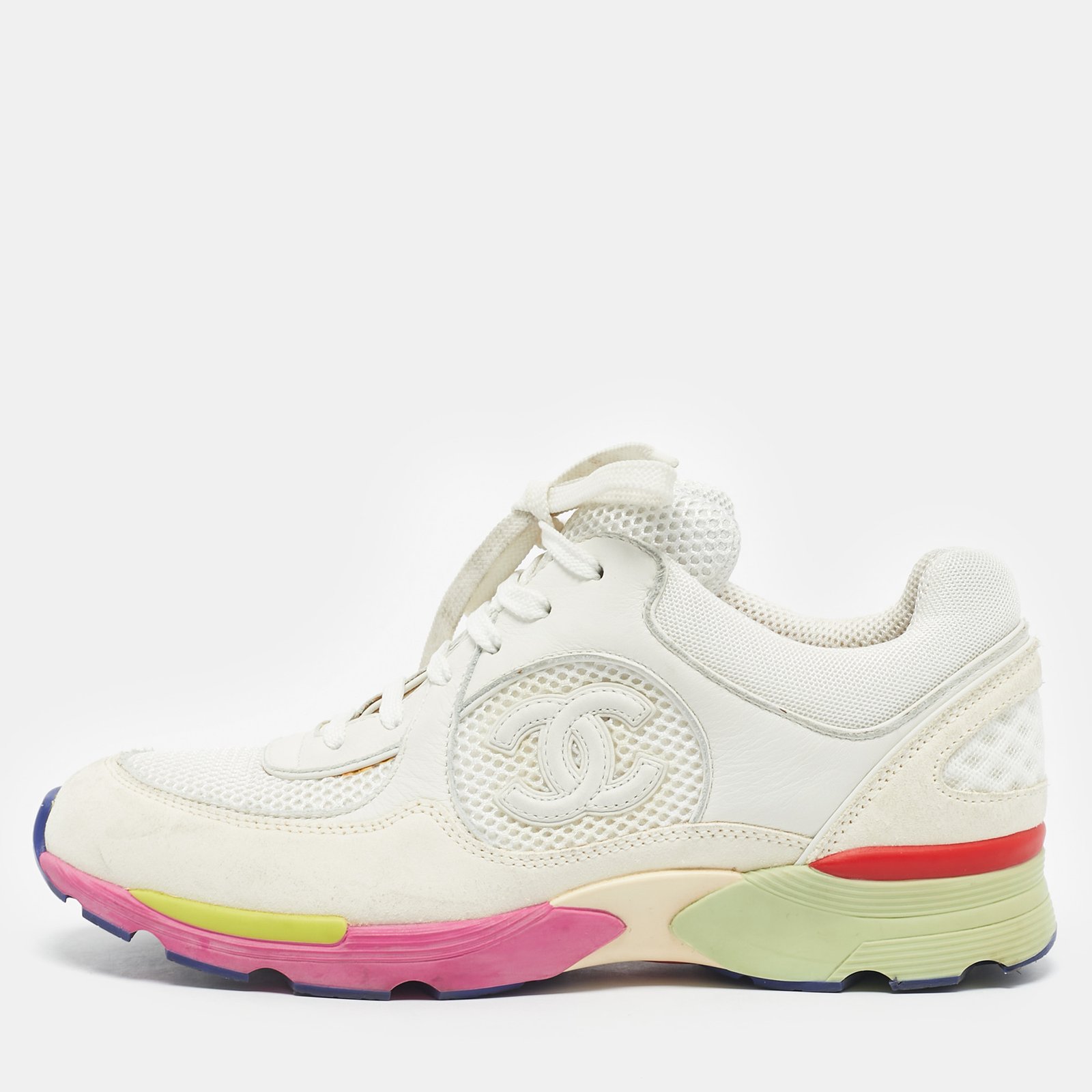 chanel multicolor fabric and suede cc low top sneakers size 38