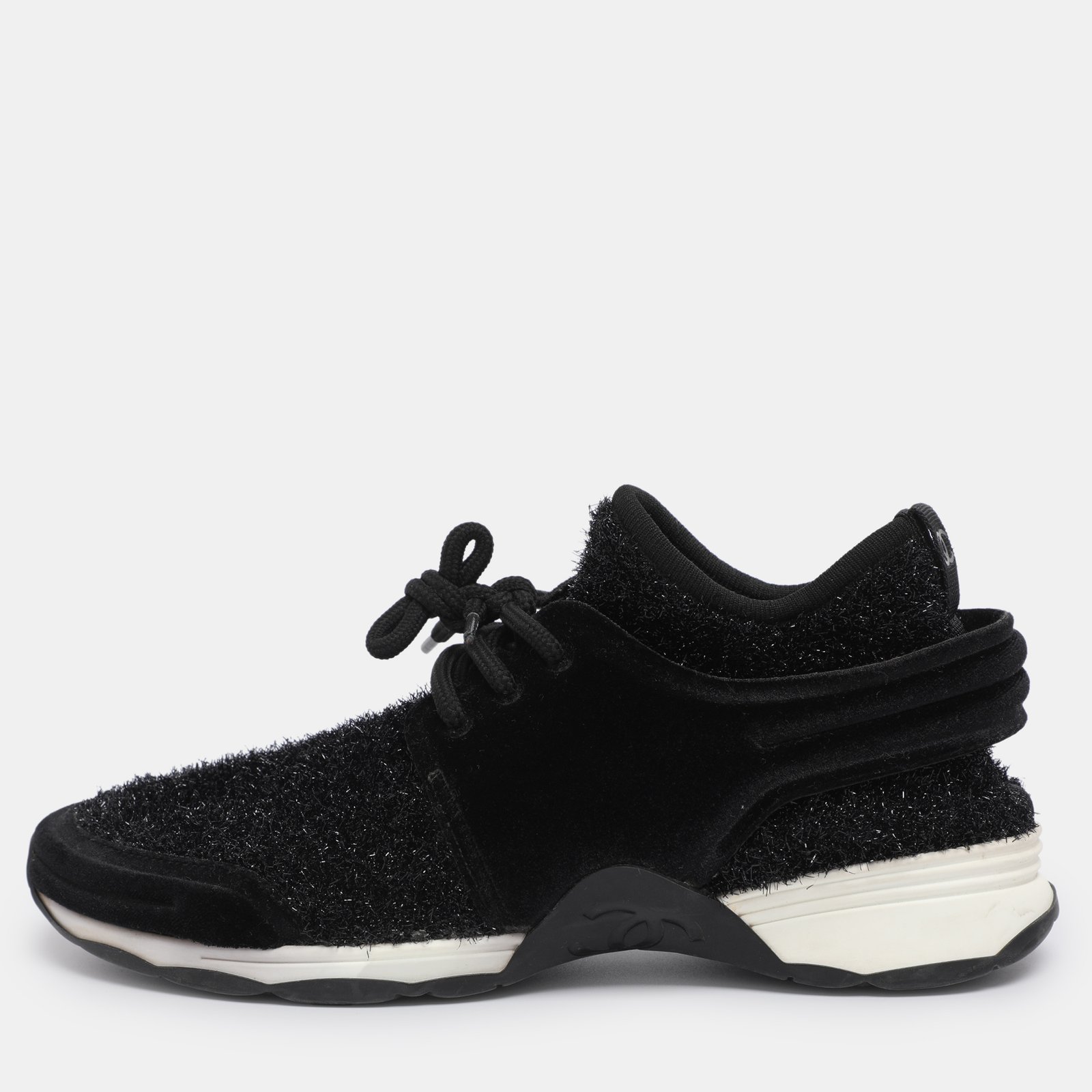 chanel black metallic lurex fabric cc trainers slow top neakers size 39