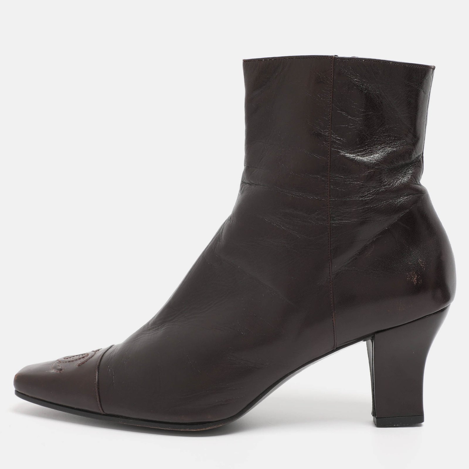chanel brown leather vintage cc mid calf boots size 39