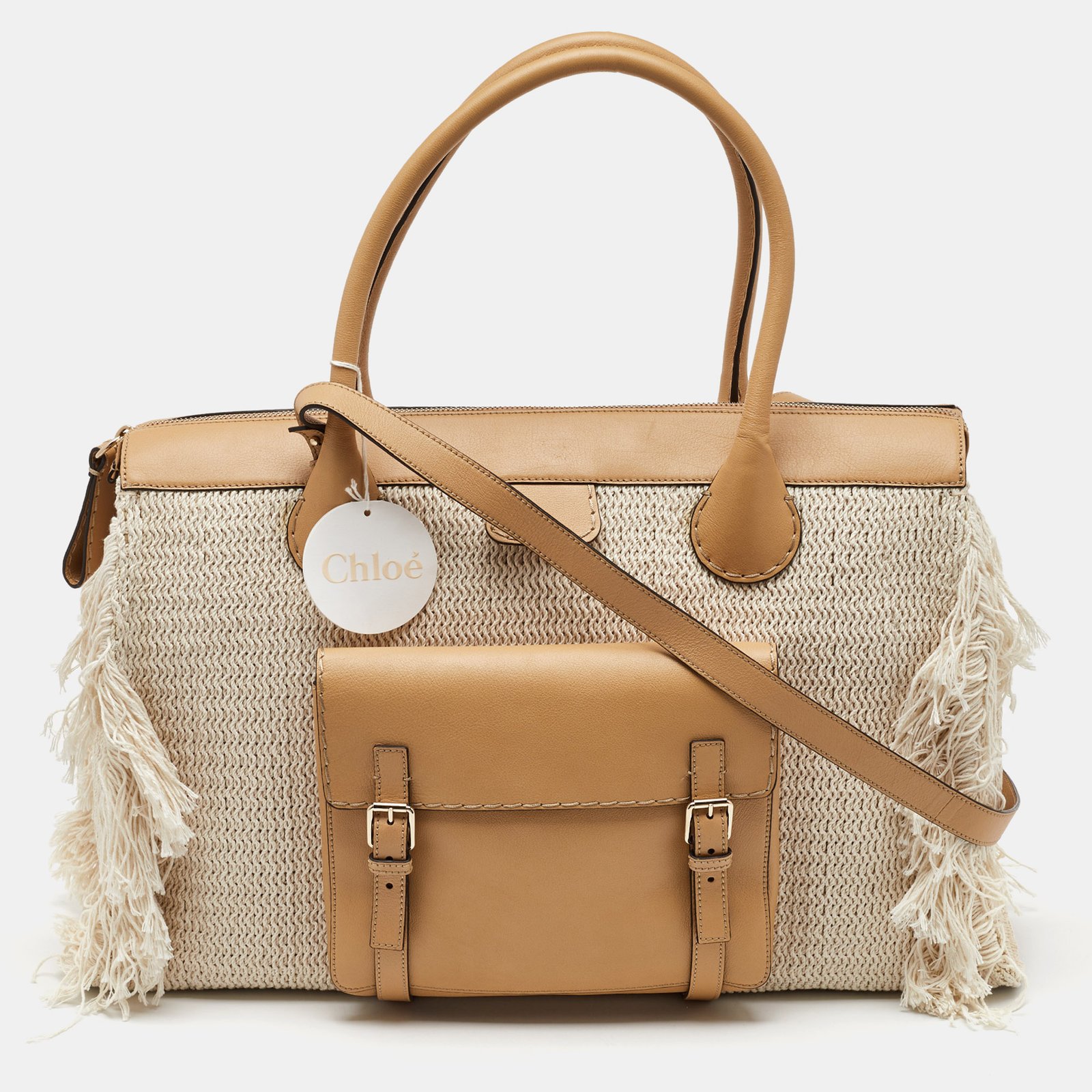 chloe cream/tan leather and linen fringe edith oversized day bag