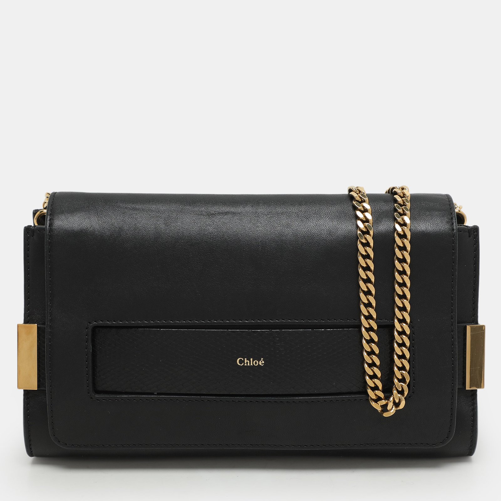 chloe black leather and python trim elle chain clutch