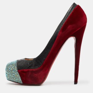 christian louboutin red/black velvet and ostrich leg strass calypso pumps size 41.5