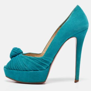 christian louboutin green pleated suede jenny platform pumps size 37.5