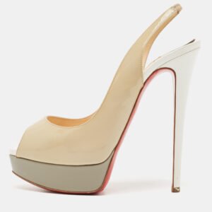 christian louboutin beige/grey patent leather lady peep platform slingback pumps size 38.5
