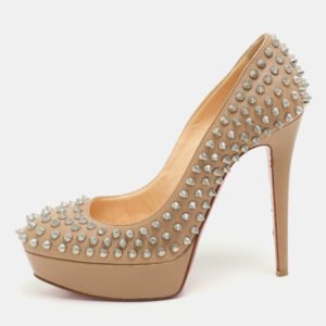 christian louboutin beige leather bianca spike platform pumps size 38