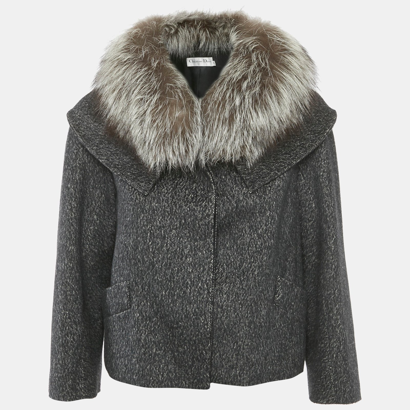 christian dior dark grey wool & silk fur collar jacket m