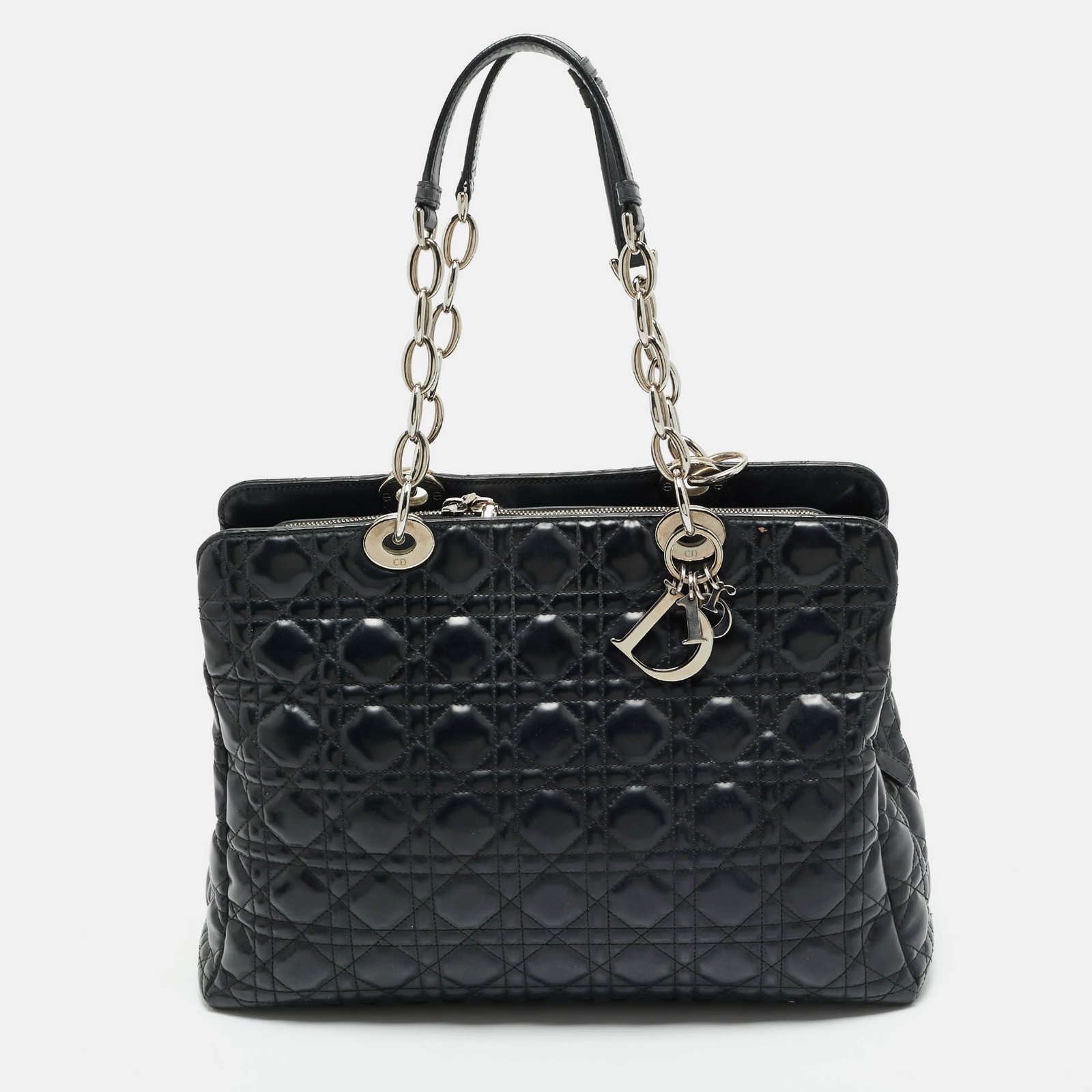 dior black cannage patent leather large soft lady dior shopping tote