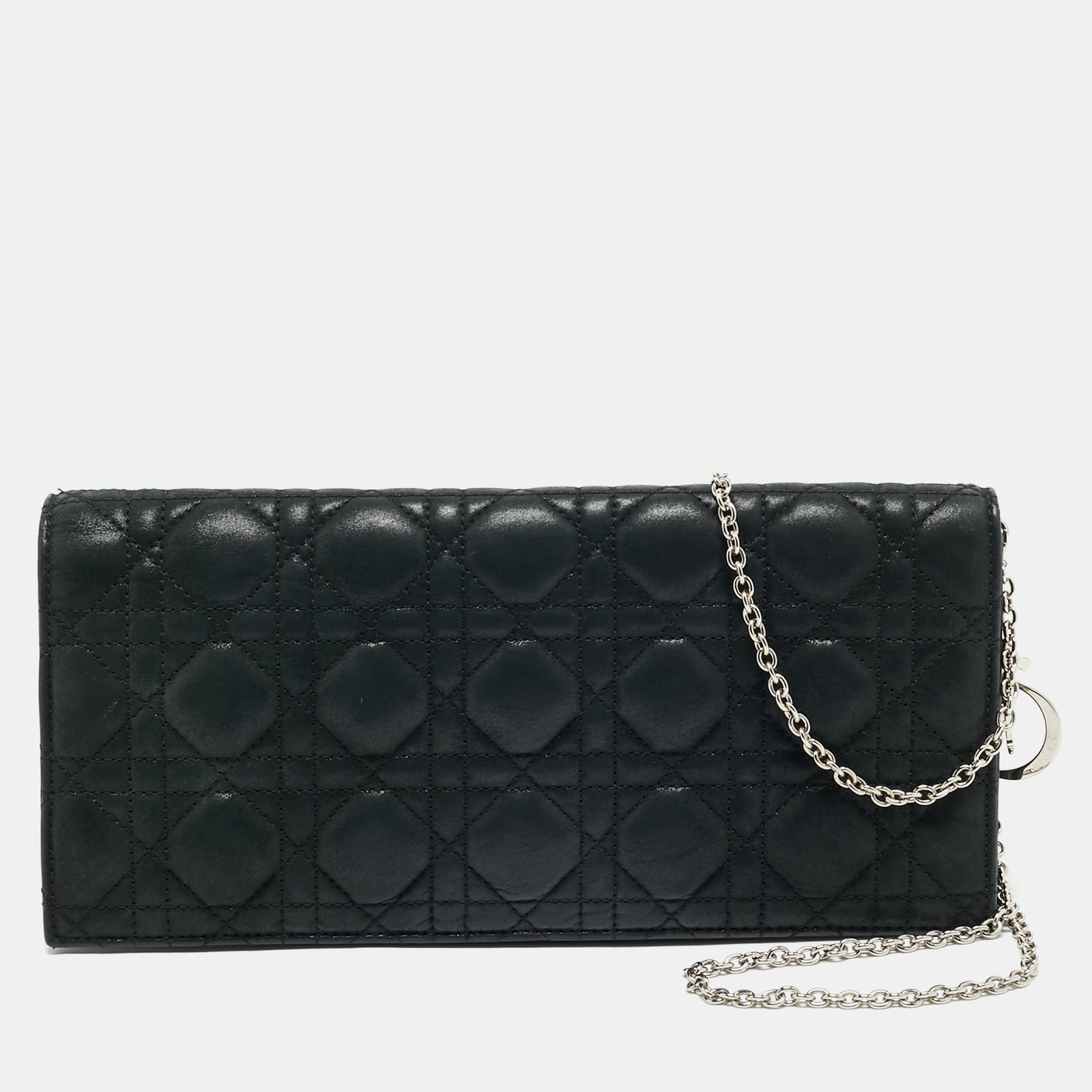 dior black shimmer cannage leather lady dior chain clutch