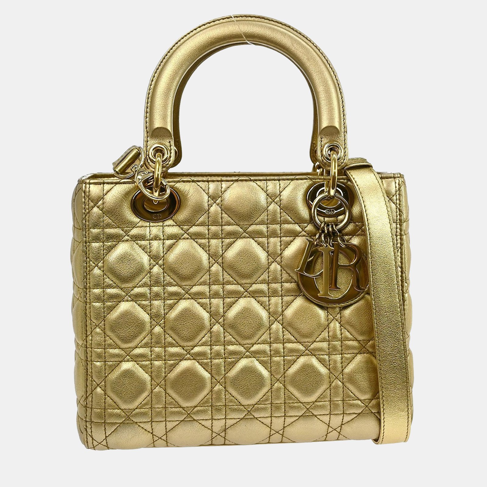 christian dior gold lambskin lady dior cannage 2way handbag