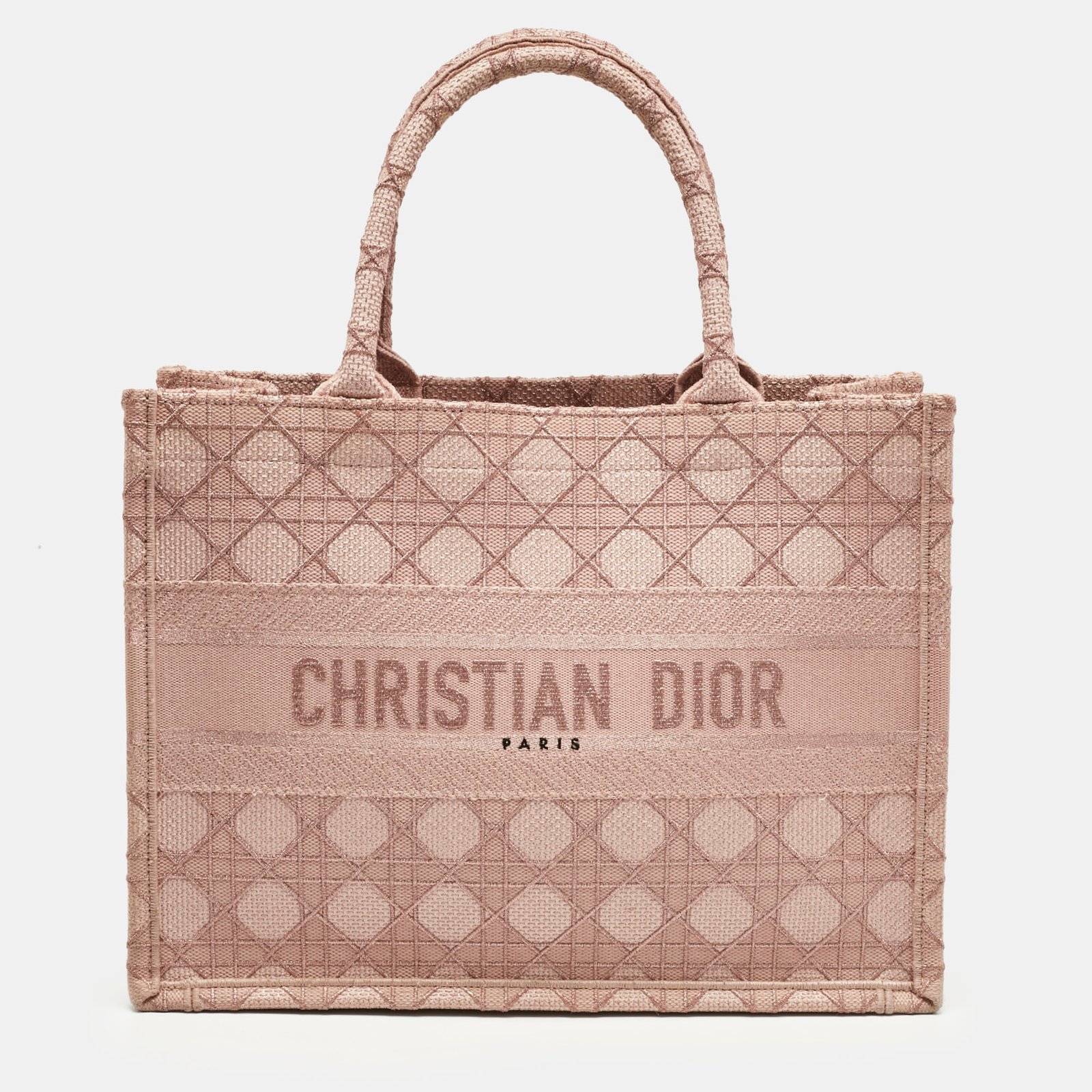 dior metallic pink cannage embroidered canvas medium book tote