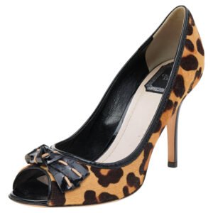 dior brown/black leopard print calf hair and patent leather bow open toe pumps size 40