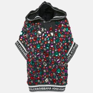 dolce & gabbana black crystal embellished short sleeve hooded sweatshirt s