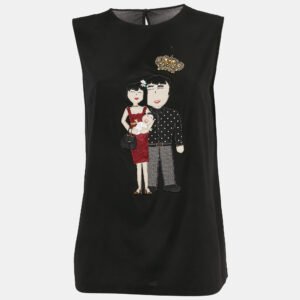 dolce & gabbana black dg family applique silk sleeveless top m