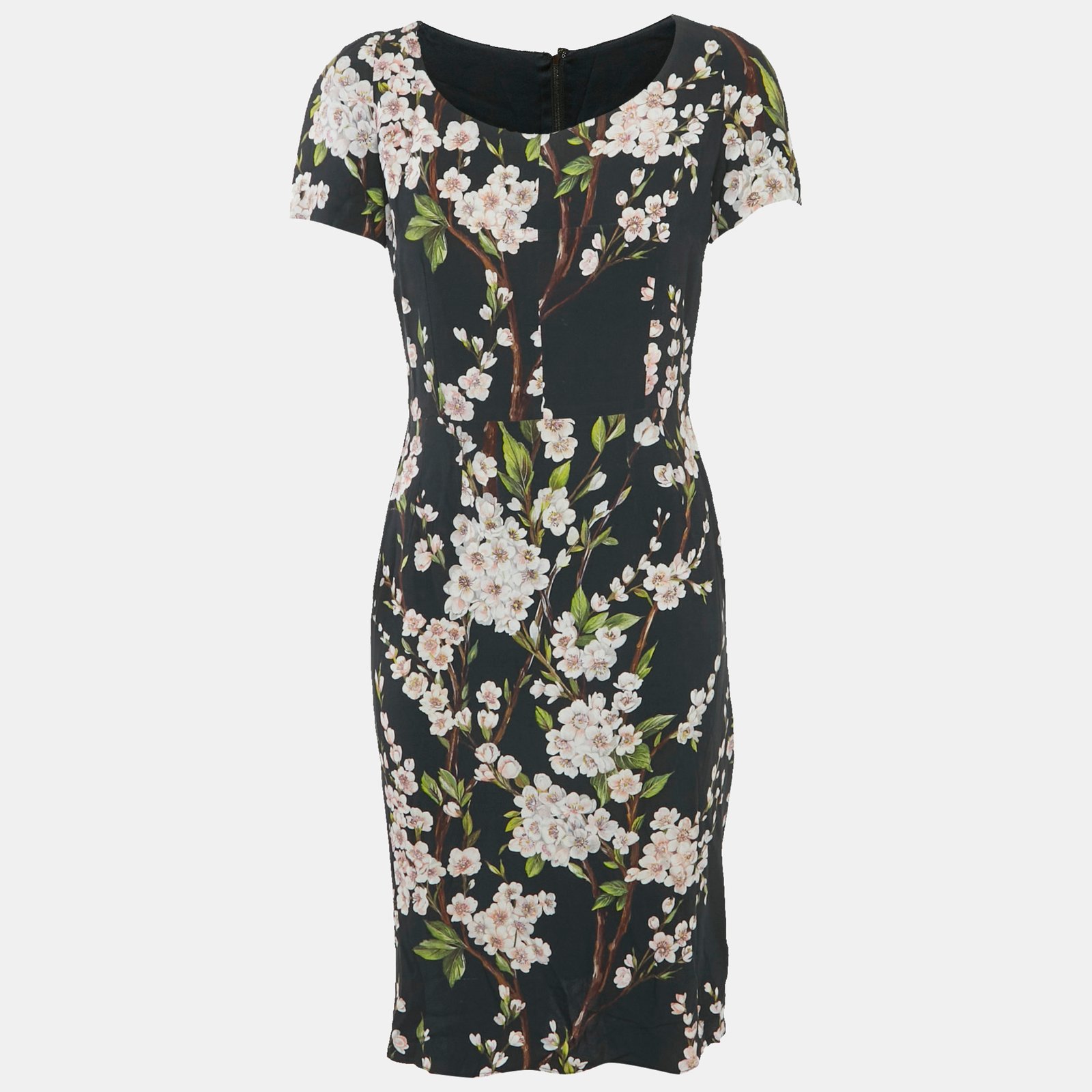 dolce & gabbana black floral print crepe knee-length dress m