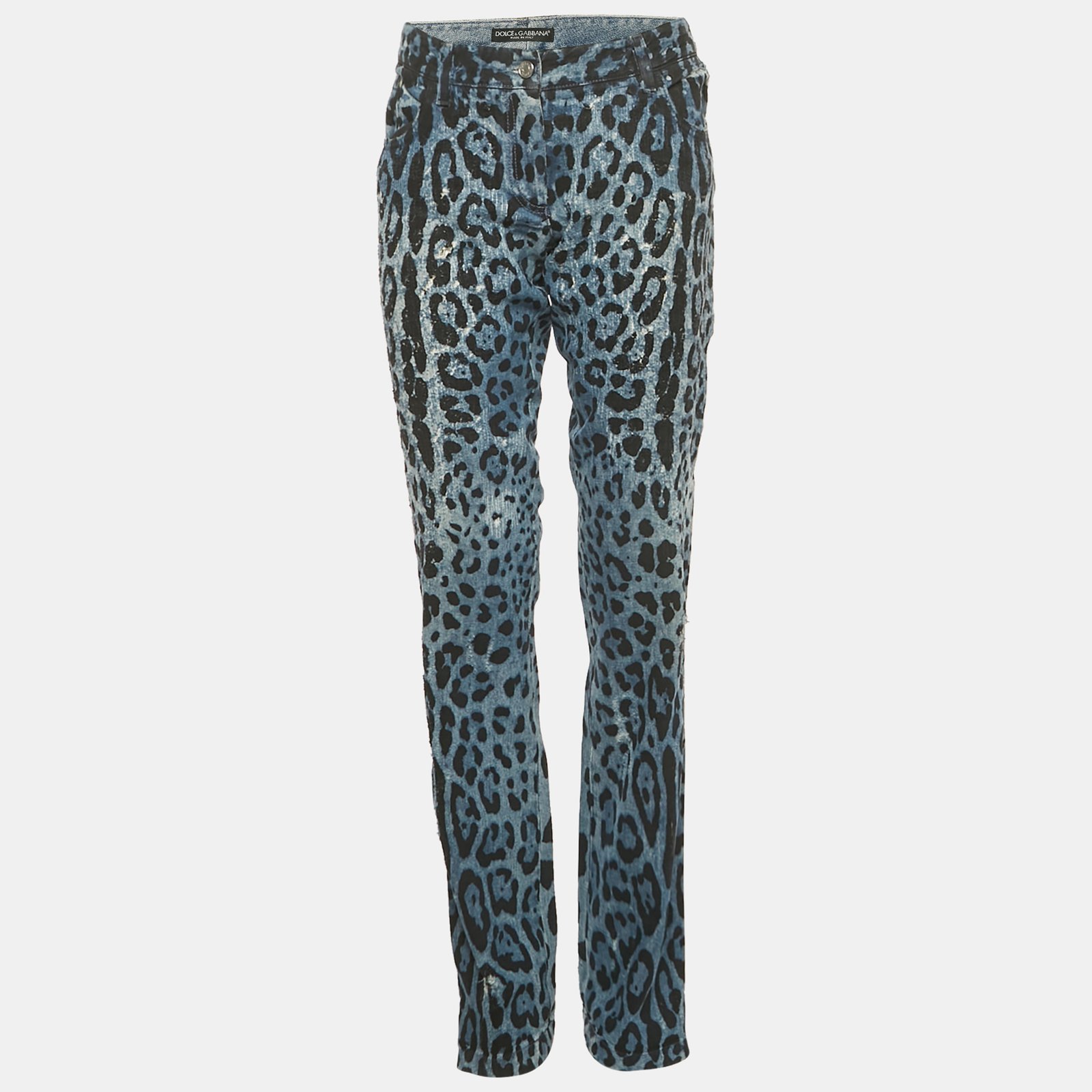 dolce & gabbana blue leopard print denim distressed jeans l waist 34"