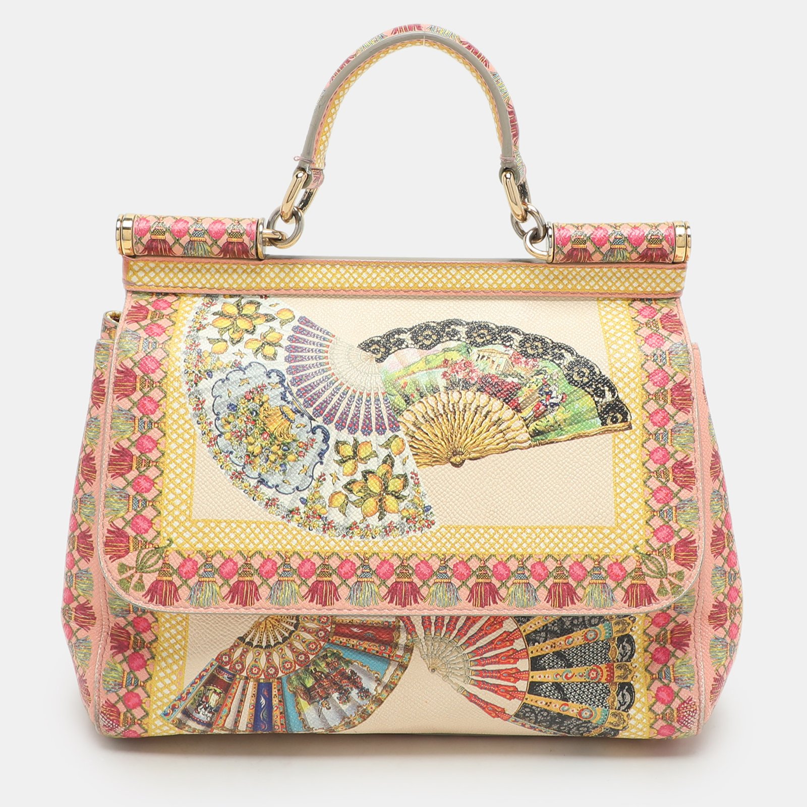 dolce & gabbana multicolor fan foulard print leather medium miss sicily top handle bag