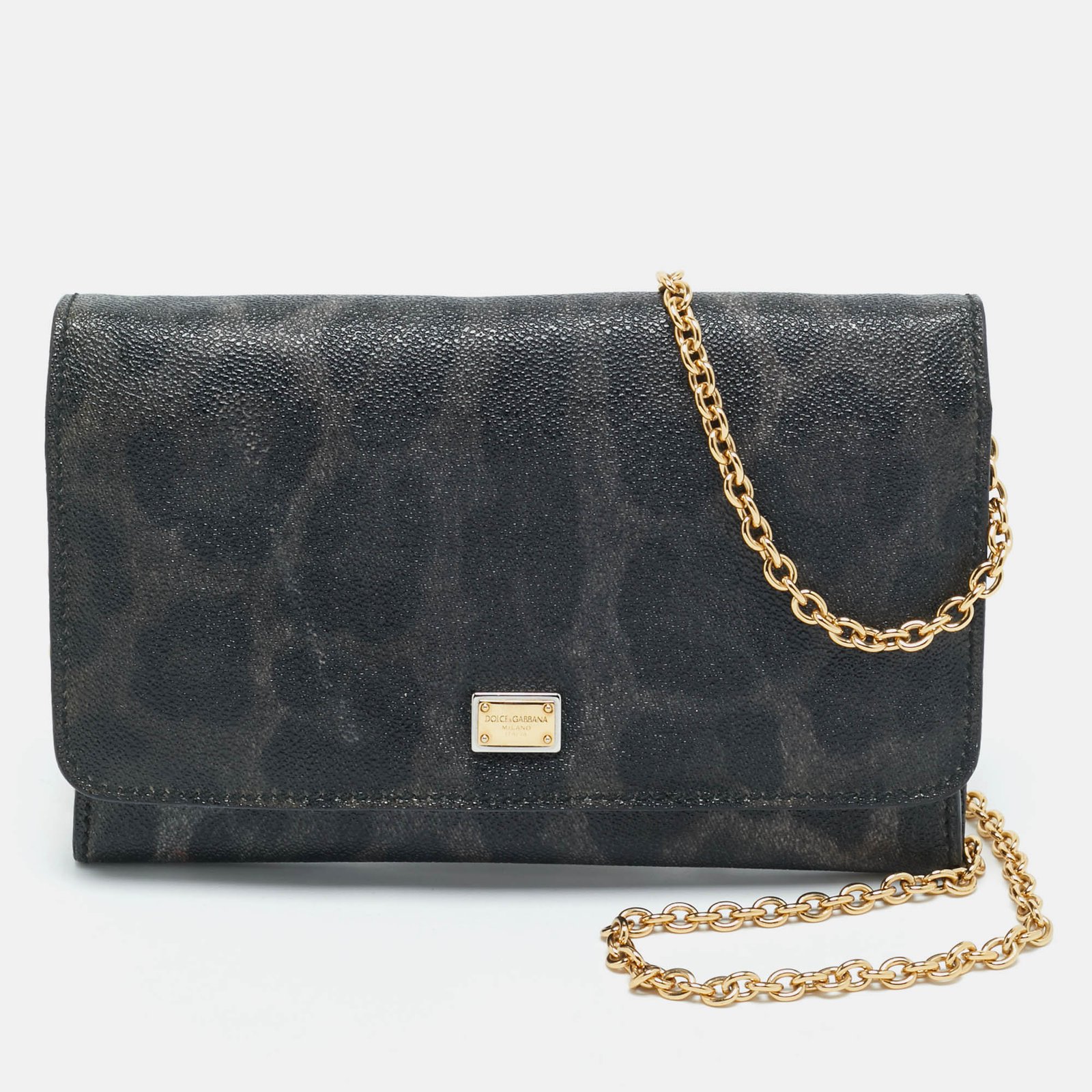 dolce & gabbana black/grey leopard print coated canvas nina chain clutch